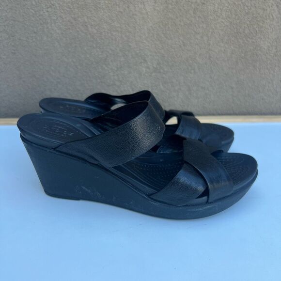 2/$24 Crocs Leather Strap Wedge Sandals Womens Size 6 - Picture 1 of 8